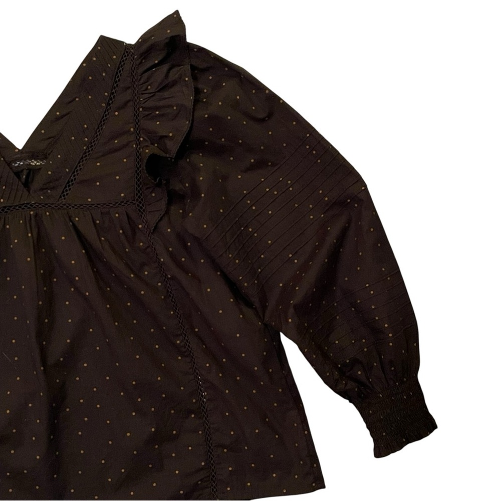 Madewell Voile Ruffled Pintuck L/S Cotton Top Black Polka Dot Print Size M NWOT - Picture 7 of 12